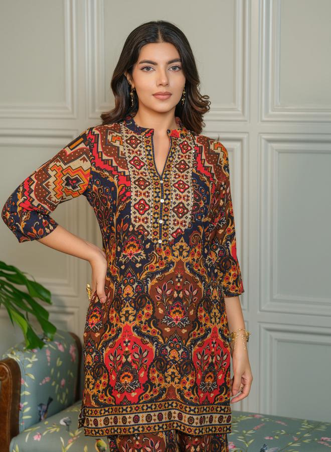 دي دبليو طقم منسق من بلوزة وبنطال بالازو بطبعة أجراك للنساء - Image 1